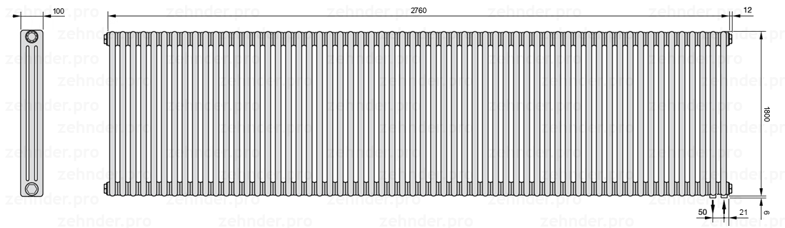Схема (чертеж) Радиатор Zehnder Charleston 3180/60 №5510 Technoline TL